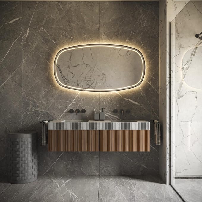 HIPP Design Phantom Deens Ovale LED spiegel - Zwart Frame - 120 x 70 cm - Directe en Indirecte LED - Spiegelverwarming - Kleurenwissel - Touch Dimmer