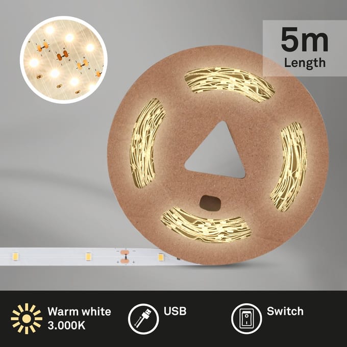 B.K.LICHT VARMA - LED Strip - 5 meter led lights - 3.000 K verlichting - USB - zelfklevend