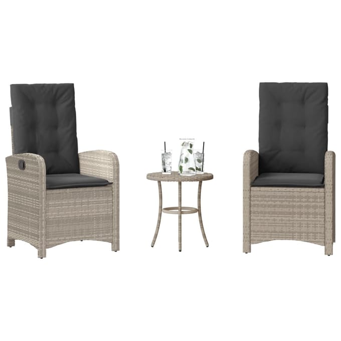 vidaXL - 3-delige - Bistroset - met - kussens - poly - rattan - lichtgrijs