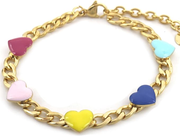 Armband Dames - Gekleurde Hartjes - RVS - Lengte 17-21 cm - Goudkleurig – valentijn – cadeau