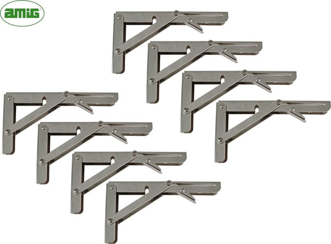 AMIG Inklapbare Plankdrager Metaal – 8 stuks – 300x155mm – Vernikkeld - Opvouwbare Wandsteun Schapdrager