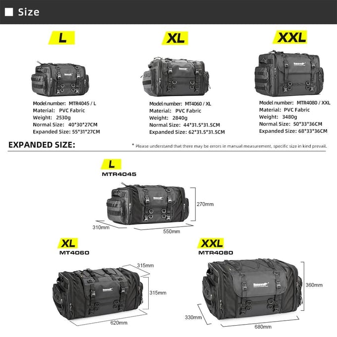 Uitbreidbare Motor Achterzitzak Grote Capaciteit Motorfiets Tas Universeel Motorfiets Rijden Achter MTR4045BK