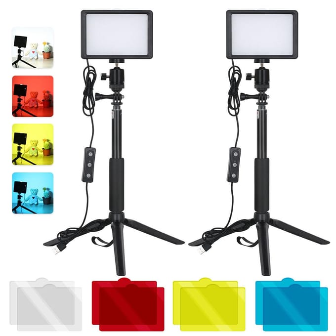 2-pack desktop USB LED-videolampenset met 2 * dimbaar invullicht 5600K + 2 * uitschuifbaar statief zwart