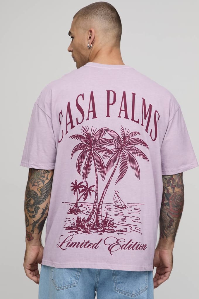 Gewassen Oversized Casa Palms Print T-shirt | Washed Pink | Size Medium