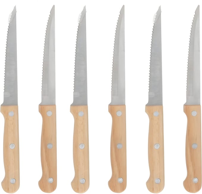 Gerimport Steakmessen / vleesmessen bestek - 6x stuks - 21 cm - houten handvat - scherpe messen