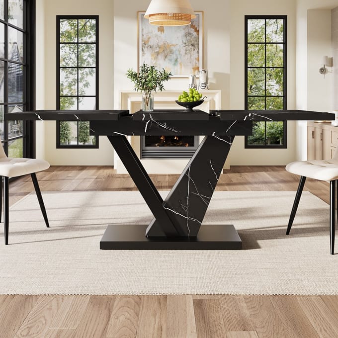MODFU Uitschuifbare Eettafel - Marmerlook - Modern - Voor Keuken - MDF En Metaal - Zwart - 120-160 X 75 X 75,5 Cm