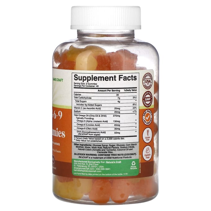 Nature'S Craft, Omega 3-6-9 + DHA Gummies, Citroen & Sinaasappel, 120 Gummies