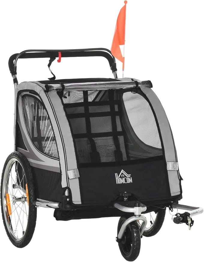 2-in-1 Kinderfietskar en Buggy voor 2 Kinderen, Opvouwbaar en Veilig
