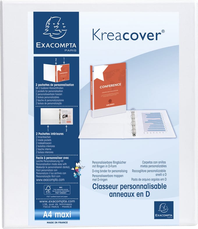Exacompta 10x Kreacover Ringband in PP personaliseerbaar - 2 vakken - 4D-ringen 40mm - A4 maxi - Wit - 51943E