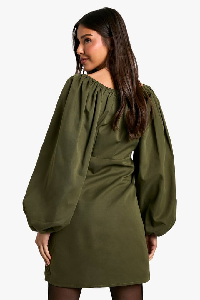 boohoo Dames Long Sleeve Puff Sleeve Mini Dress | Kaki | Maat: 36