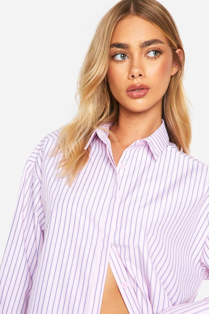 boohoo Dames Oversized Fijn Gestreept Overhemd | Pink | Maat: 6