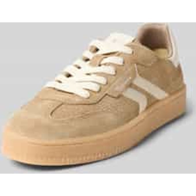 Tamaris dames sneakers van taupekleurig leer met witte strepen
