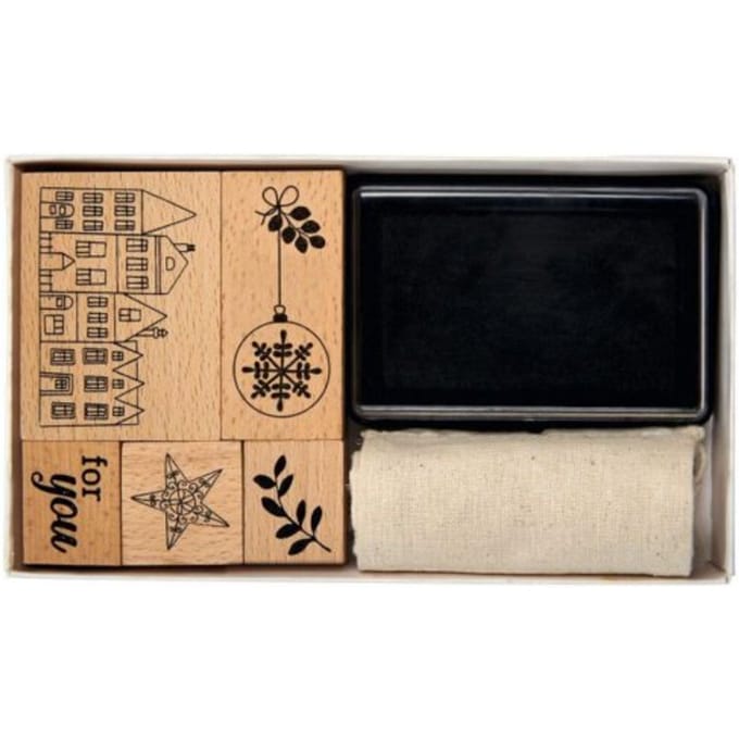 Kerst textiel stempelset hout 9-delig