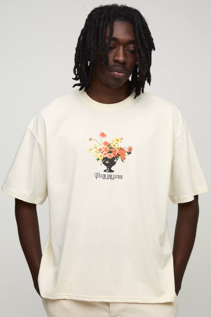 Ecru Oversized Boxy T-shirt Met Micro Bloemenprint | Size Small
