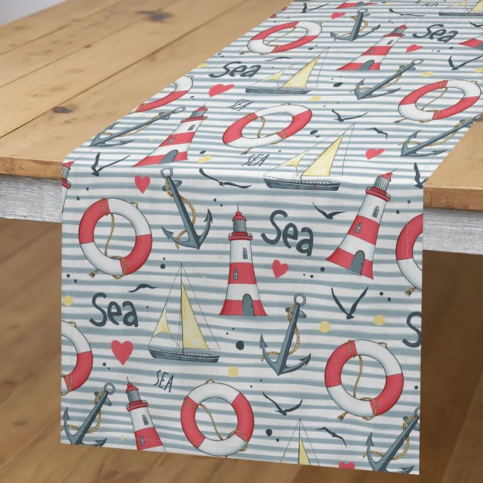 ABAKUHAUS Tafel Loper – Maritiem ontwerp, 40×225 – Teal/Creme