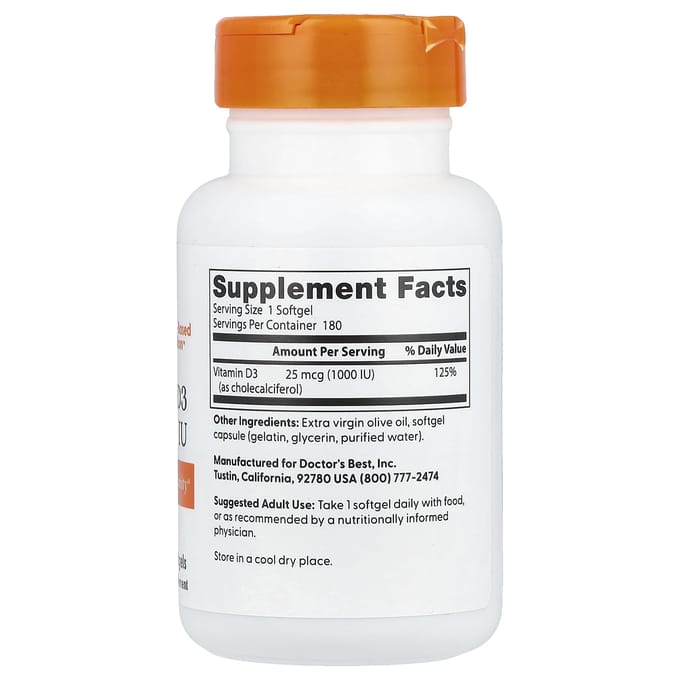 Doctor's Best, vitamine D3, 25 mcg (1 000 UI), 180 gélules
