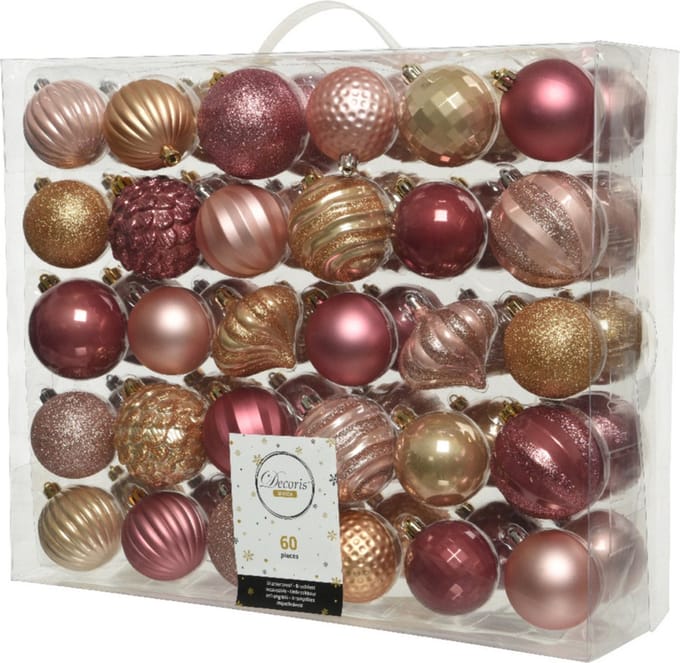 Decoris Kerstballen - 60x st - roze en bruin - 6 en 7 cm - kunststof - kerstversiering