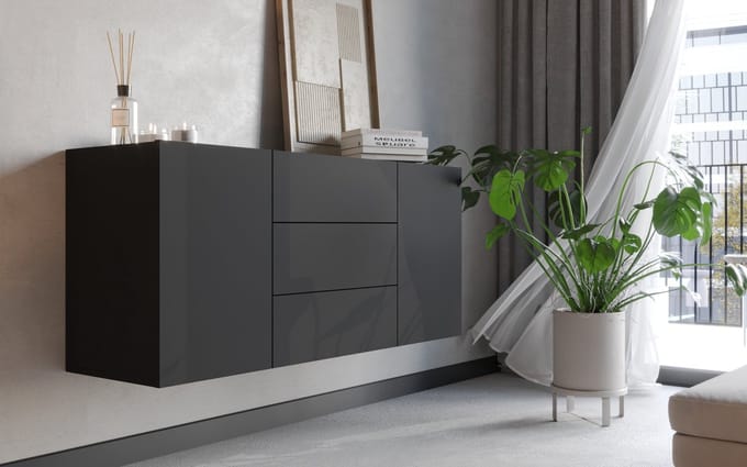 Meubel Square - Dressoir FLY - Mat zwart - 140cm - Hangende of staande kast
