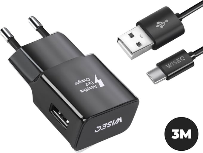 WiseQ USB C Oplader - Geschikt voor Samsung Galaxy - 18W Adaptive Fast Charging - Met Oplaadkabel 3 Meter - Zwart