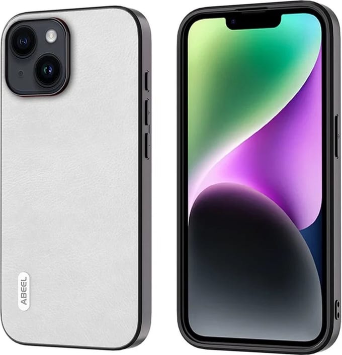 ABEEL – Backcover iPhone 14 Plus-15 Plus – Cowhide Leather – TPU – Litchi – Anti-Scratch – Wit