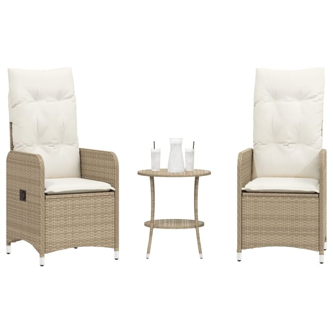 vidaXL - Tuinstoelen - 2 - st - verstelbaar - met - tafel - poly - rattan - beige
