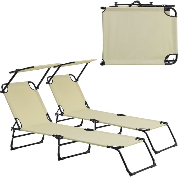 Ligbed ligstoel 187x53x27 cm met luifel set van 2 crème