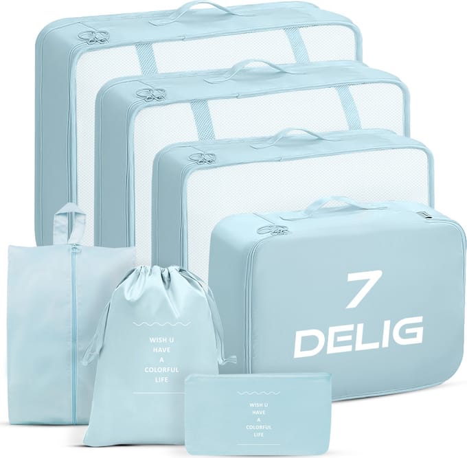 Packing Cubes 7-delig – Koffer Organizer & Inpakzakken – Lichtblauw