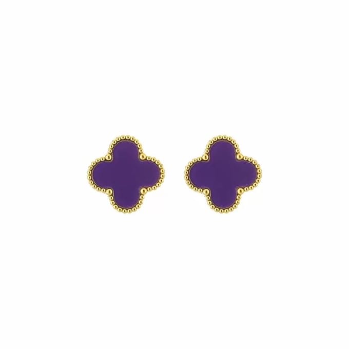 Bijoutheek Oorknoppen Klaver Emaille Purple Goud