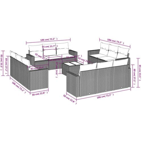 vidaXL - 13-delige - Loungeset - met - kussens - poly - rattan - lichtgrijs