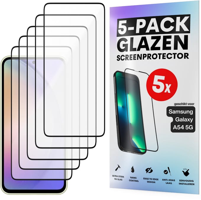 Screenprotector - Geschikt voor Samsung Galaxy A54 5G - Gehard Glas - Full Cover Tempered Glass - Case Friendly - 5 Pack