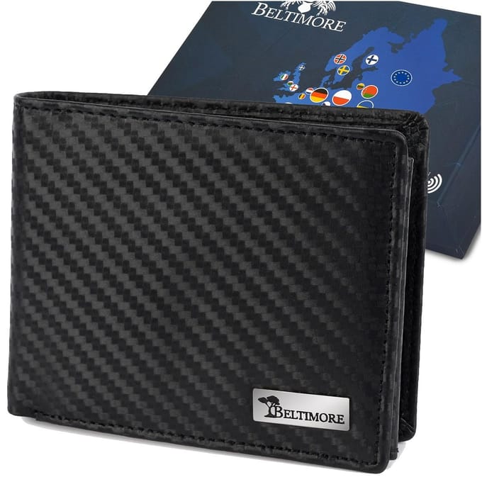 Heren Portemonnee Leer Klassiek Rfid Groot Zwart Carbon Premium Beltimore