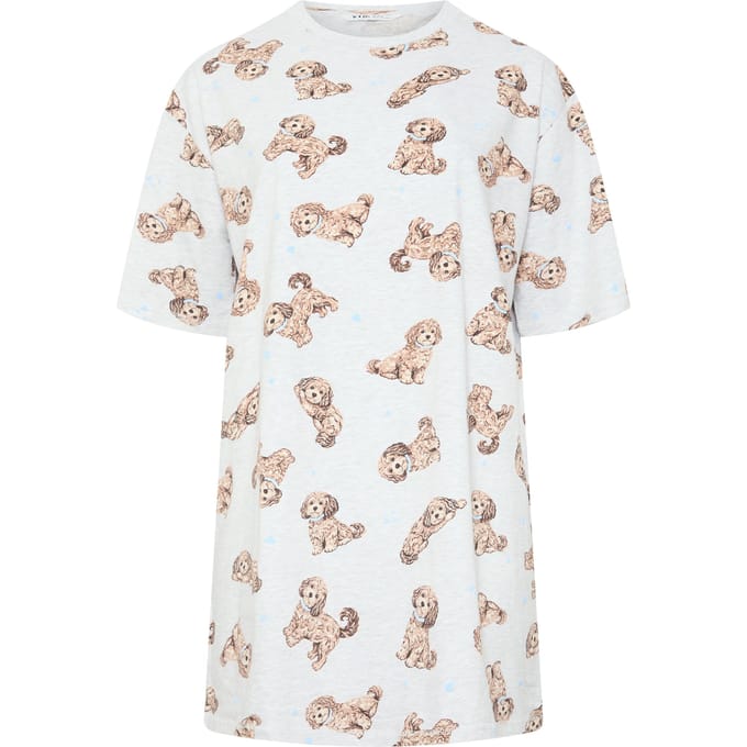 Yours Curve Slaapshirt Met Puppyprint In Gemêleerd Grijs Size 46-48
