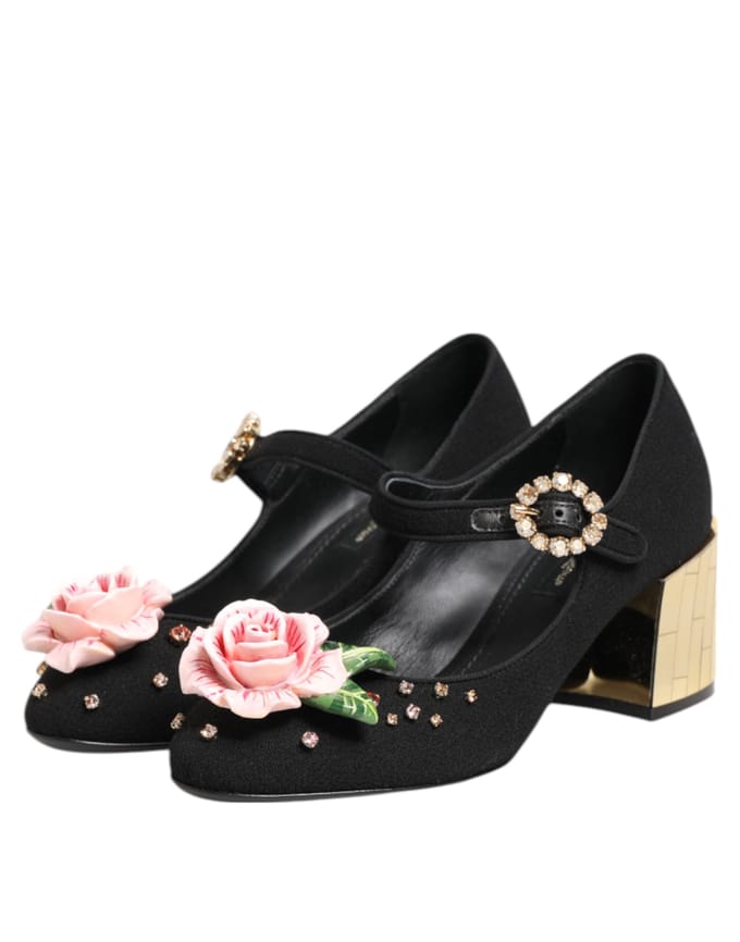 Dolce & Gabbana Zwarte Bloem Cristal Versierde Mary Jane Schoenen