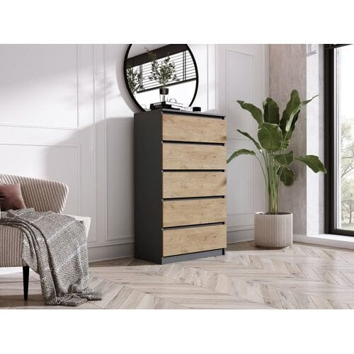 Ladekast met 5 laden: Antraciet / Lancelot Eiken, 70 x 39 x 125 cm
