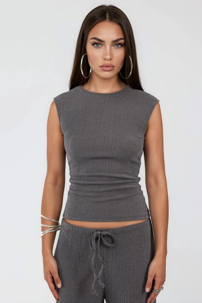 Geribbelde Mouwloze Blouse met Ronde Hals