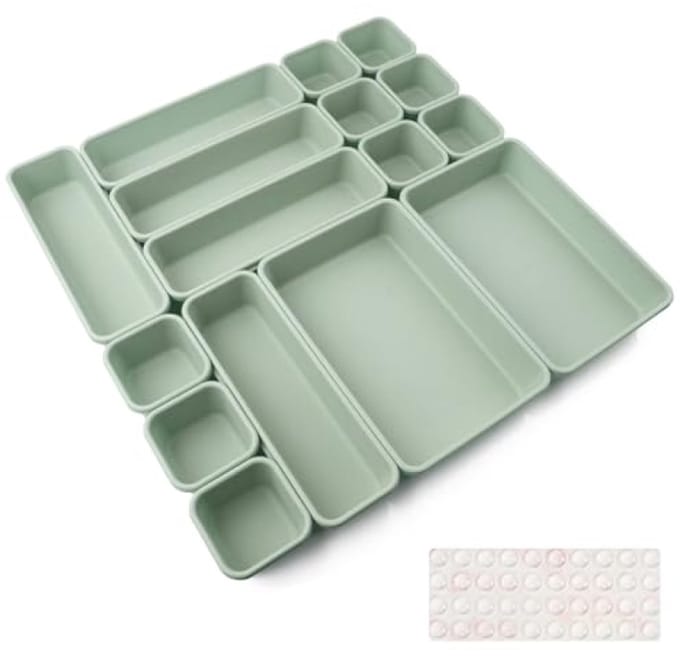 16 Stuks Lade Organizer Plastic Bakjes, 3 Formaten, Groen, voor Make-up, Sieraden, Kantoor, Badkamer
