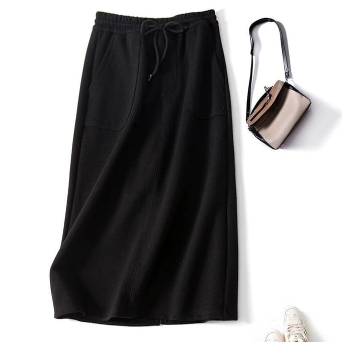 Casual Sport Trekkoord Strik Elastische Taille Achter Split Rok L black