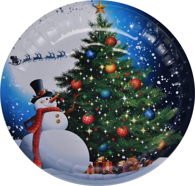 HI kinderbord met sneeuwpop - blauw/wit - metaal - 26 cm - kerstontbijt - kerstdiner - kerstartikelen