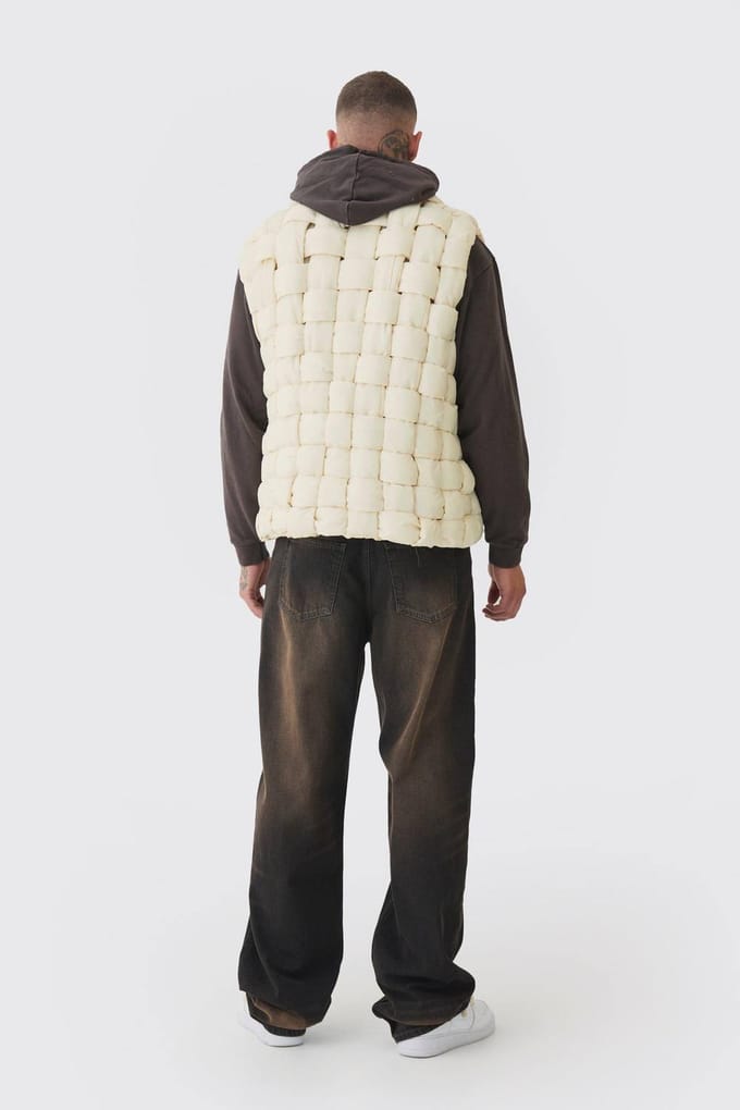 Lang Boxy Fit Handgeweven Gevoerde Gilet in Stone | Size Medium
