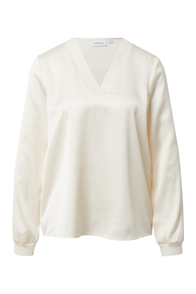 comma - female - Satijnen blouse met V-hals en fijne geribde details