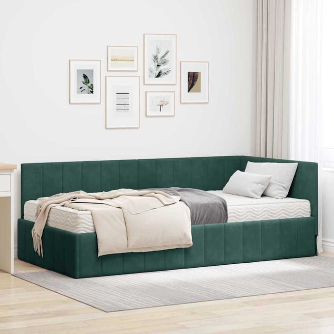 vidaXL - Hoekbedframe - met - Matras - 2 - st - Donkergroen - 90 - x - 200 - cm - Fluweel