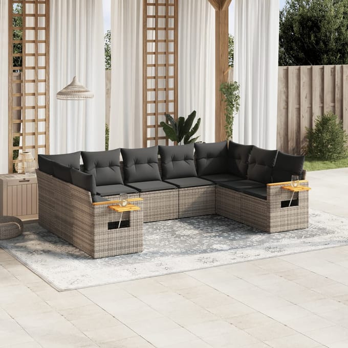 vidaXL - 9-delige - Loungeset - met - kussens - poly - rattan - grijs