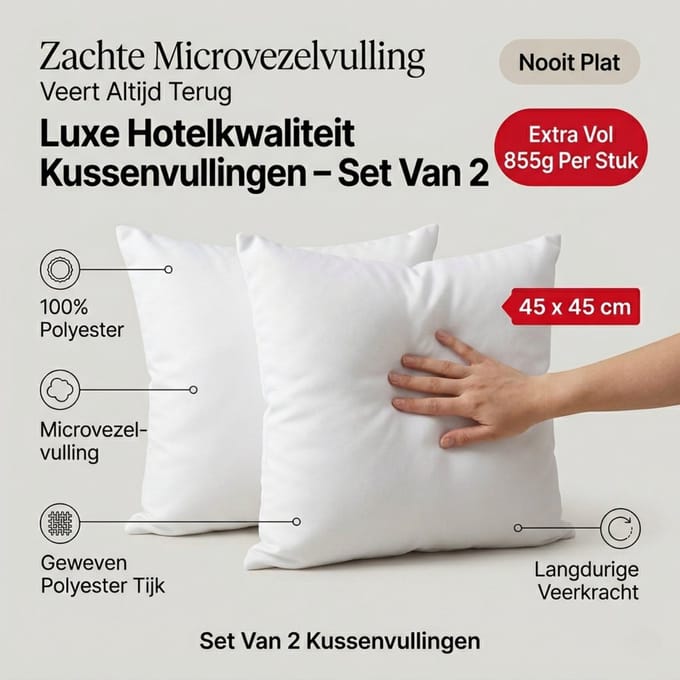 Set van 2 | BINNENKUSSEN - 45x45 cm | 855 gram/stuk | Kussenvulling | 100% Polyester | Vulling - Microvezel