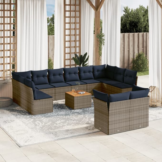 vidaXL - 13-delige - Loungeset - met - kussens - poly - rattan - grijs