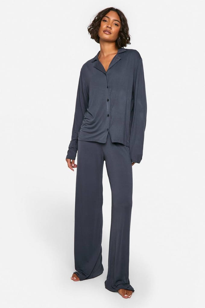 boohoo Dames Tall Long Sleeve Shirt & Trousers Pyjama Set | Navy | Maat: 16