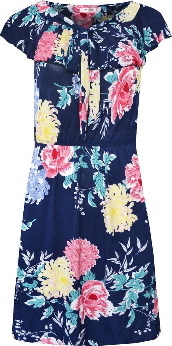 Dames jurk gebloemd polyester blauw one size 38 t/m 42