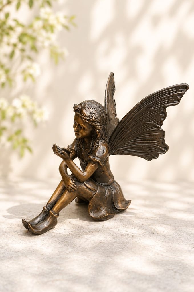 brons beeld - Zittend elfje - bronzartes - 10 cm hoog