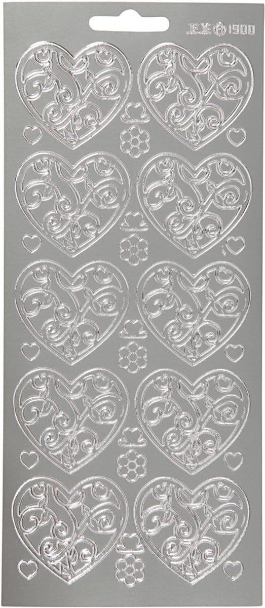 Stickers, harten, vel 10x23 cm, zilver, 1 vel