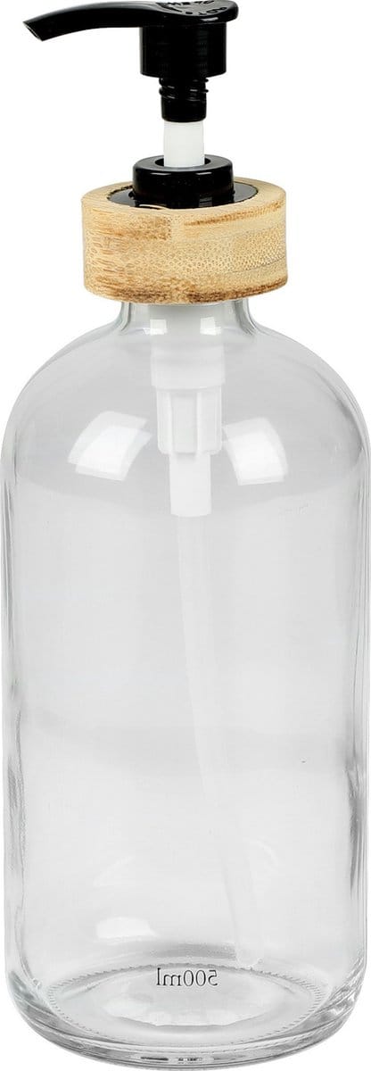 Urban Living Zeeppompje/zeepdispenser - glas/bamboe - transparant - 0.5 liter - 21 cm