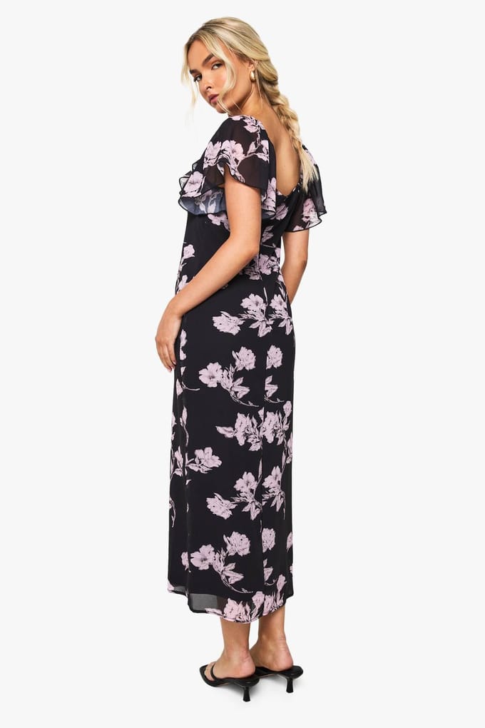 boohoo Dames Bloemenchiffon Plunge Maxi-jurk | Zwart | Maat: 36